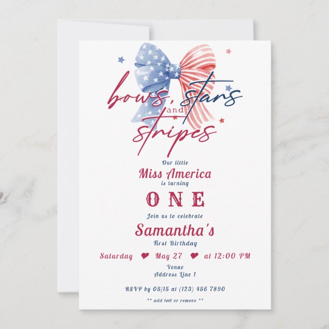 Bows Stars and Stripes Miss America Girls Birthday Invitation (Front)