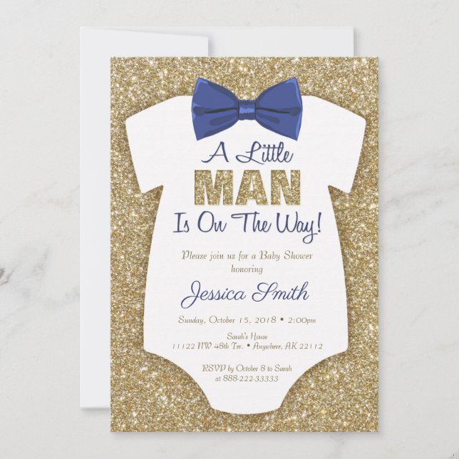 Bowtie Baby Shower Invitation Gold Glitter (Front)