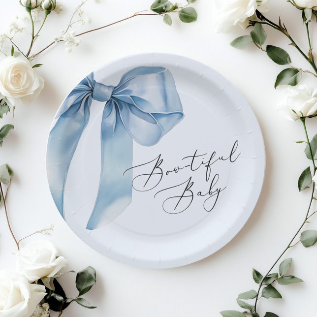 Bowtiful Baby Blue Bow Baby Shower Paper Plate (Creator Uploaded)