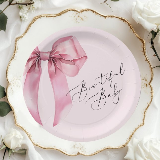Bowtiful Baby Pink Bow Baby Shower Paper Plate (Creator Uploaded)