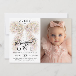 Bowtiful One Flower Bow Baby Girl 1st Birthday Invitation