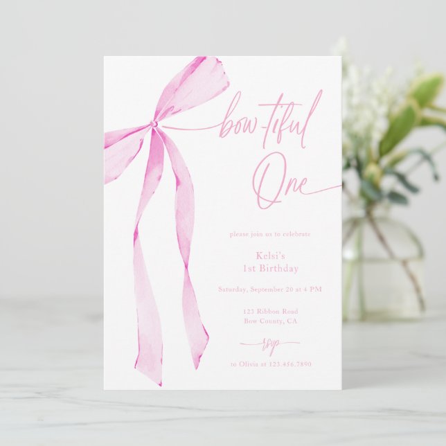 Bowtiful One Watercolor Light Pink 1st Birthday Invitation (Standing Front)