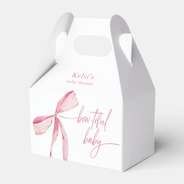 Bowtiful Watercolor Pink Baby Shower Welcome Favor Box (Front Side)