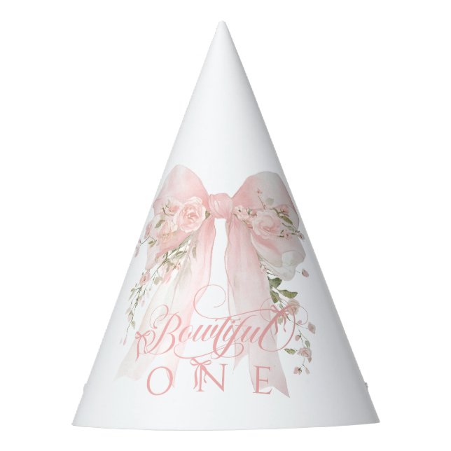 Bowtiiful One 1st Birthday Floral Bow Girls Party Hat (Front)