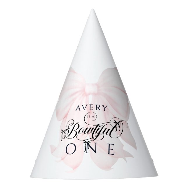 Bowtiiful One 1st Birthday Pink Bow Girls Party Hat (Front)