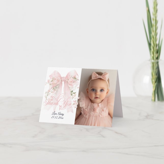 Bowtiiful One Photo 1st Birthday Floral Bow Girls Thank You Card (Front)