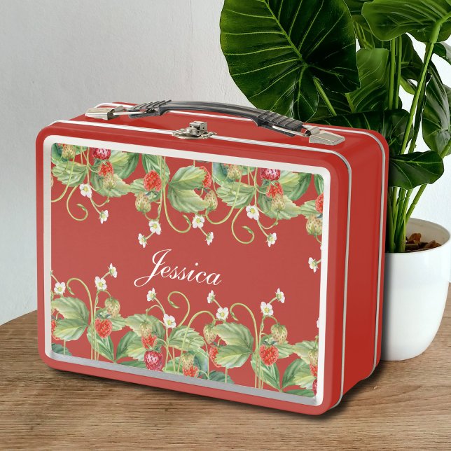 Box Boîte à lunch en métal fraise mûre (cute sweet cottagecore strawberry personalized lunchbox with custom name in girly calligraphy script)