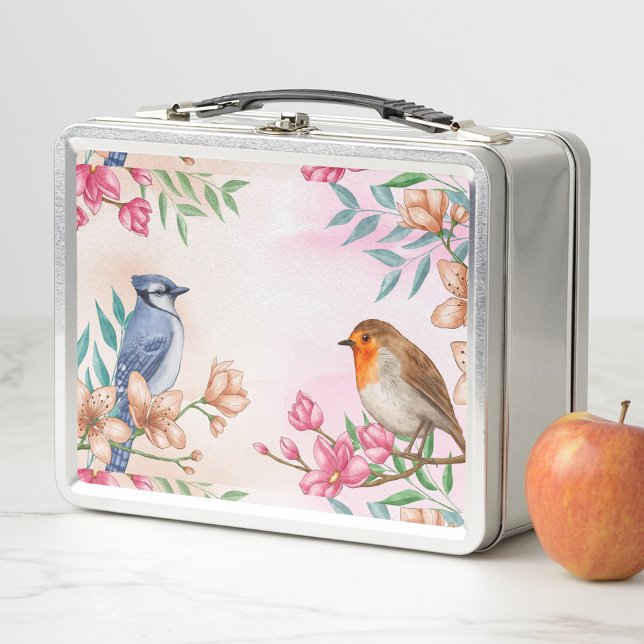 Box Boîte à lunch en métal pour oiseaux (A beautifully designed lunchbox with floral and bird illustrations, the birds sit on tree branches.)
