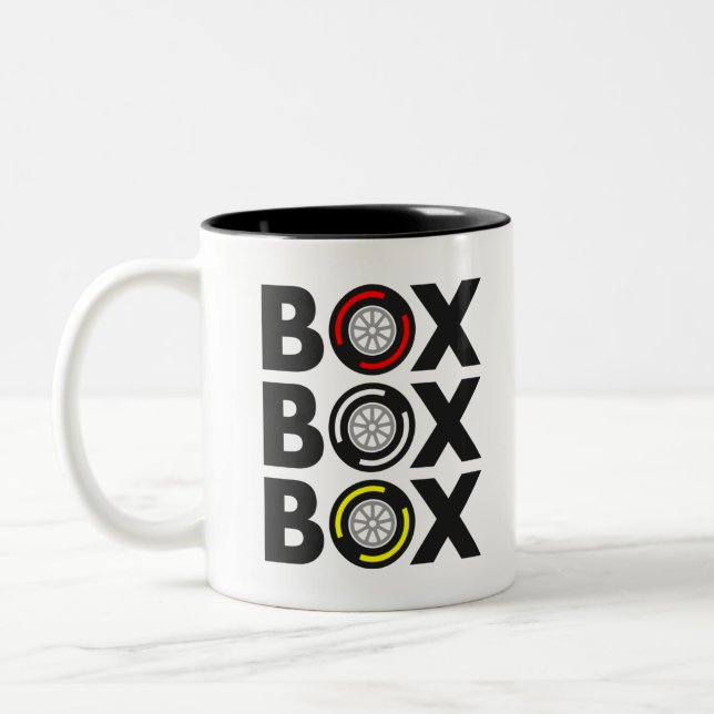 "Box Box Box" F1 Tyre Compound Design Two-Tone Coffee Mug (Left)
