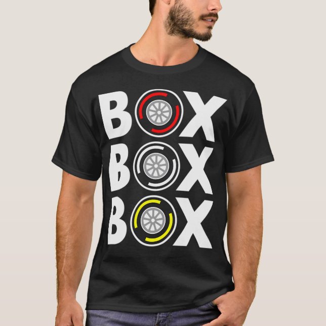 Box Box Box F1 Tyre Compound White Text Design T-Shirt (Front)