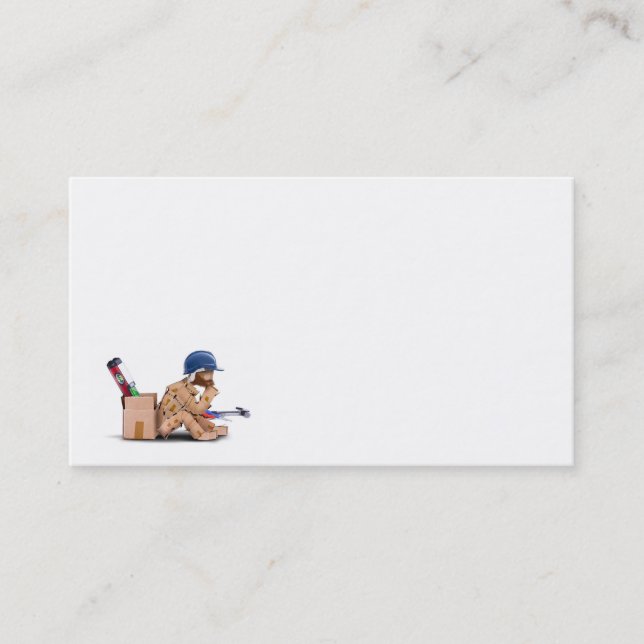 Box character handyman character sat thinking business card (Front)