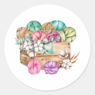 Box Full of Knitting Yarn and Cotton Flowers Classic Round Sticker