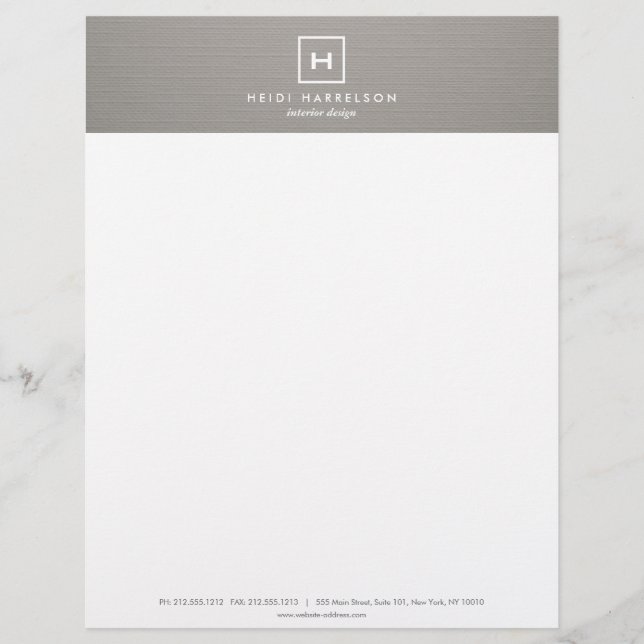BOX LOGO with YOUR INITIAL/MONOGRAM on GRAY LINEN Letterhead (Front)
