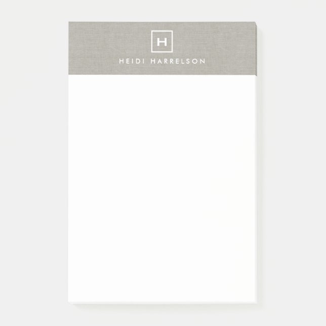 BOX LOGO with YOUR INITIAL/MONOGRAM on KHAKI LINEN Post-it Notes (Front)