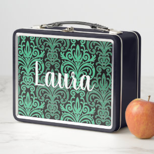 Box Motif Damas vert coloré Métal Boîte à lunch