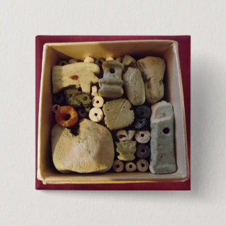 BOX OF ANCIENT EGYPTIAN AMULETS, BADGE 2 INCH SQUARE BUTTON