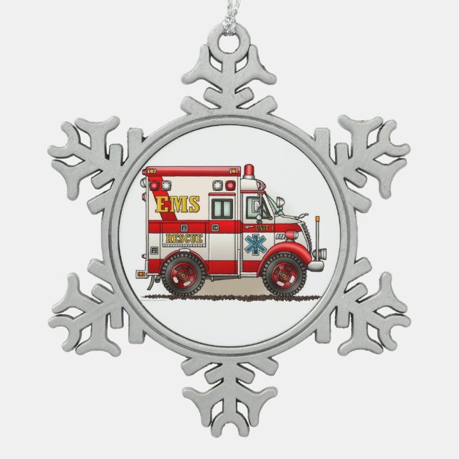Box Truck Ambulance Snowflake Pewter Christmas Ornament (Front)