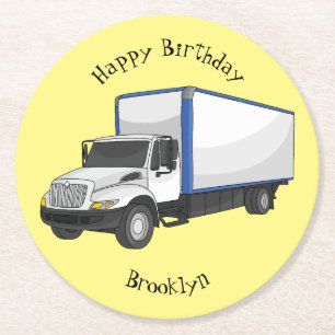 Box truck cartoon illustration round paper coaster