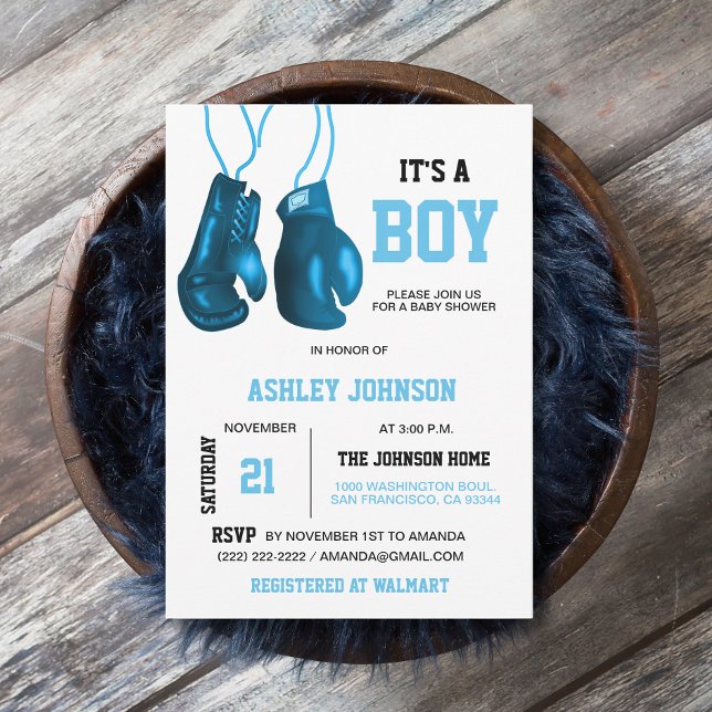 Boxe Gants Bleu Bébé Douche Invitations (Créateur téléchargé)