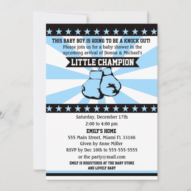 Boxe Sports Baby Boy Douche Invitation Bleu (Devant)