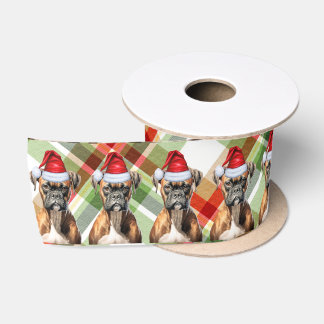 Boxer and Holiday Plaid Funny Dog Christmas Satin Ribbon