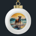 Boxer Beach Surfing Painting Ceramic Ball Christmas Ornament<br><div class="desc">Immerse yourself in the playful world of canine adventure with this captivating painting. A spirited dog takes to the waves, skilfully riding the surf on a sun-kissed beach. The vibrant artwork beautifully captures the essence of beachside excitement as the dog fearlessly rides the waves, embodying the spirit of fun and...</div>