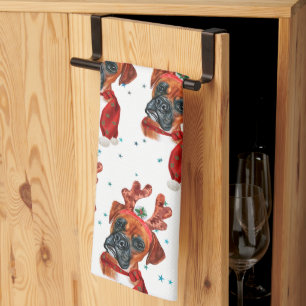 Boxer Breed Watercolor Dog Pattern Stars Christmas Kitchen Towel