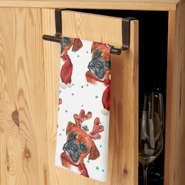 Boxer Breed Watercolor Dog Pattern Stars Christmas Kitchen Towel (Thirds Fold)