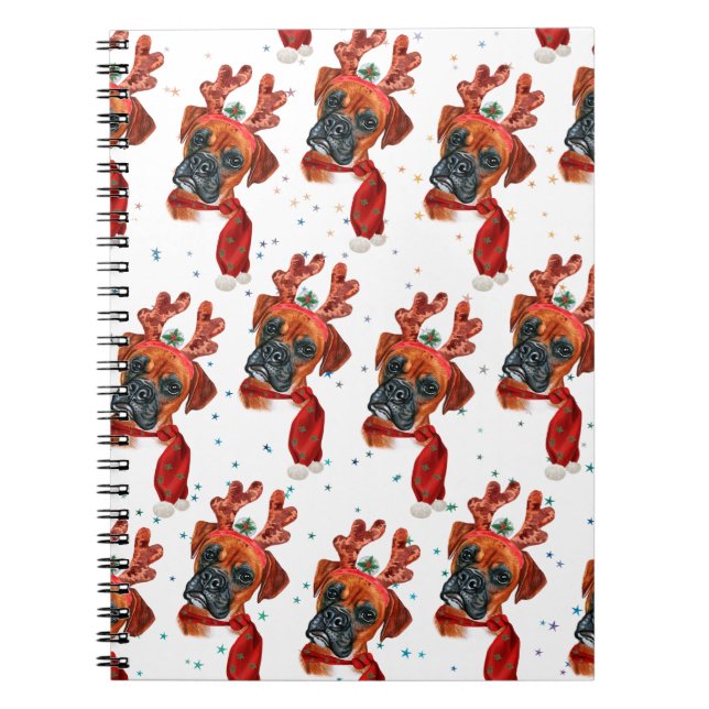 Boxer Breed Watercolor Dog Pattern Stars Christmas Notebook (Front)