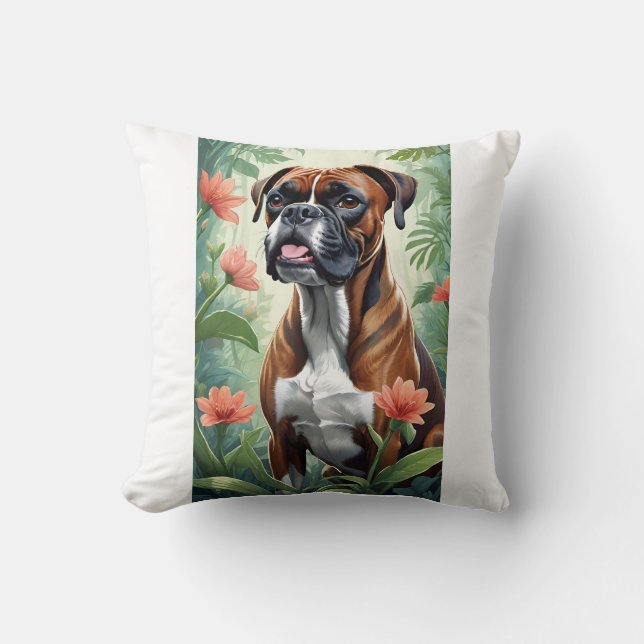 Boxer Chien avec fleurs Coussin décoratif (Recto)