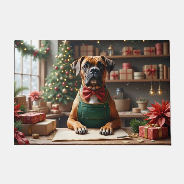 Boxer Christmas Gift Wrapping Art Doormat (Front)