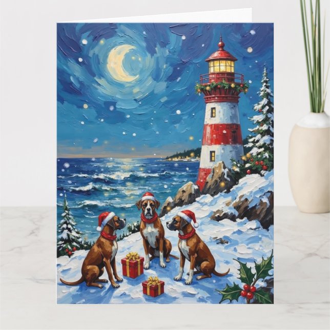 Boxer Christmas Lighthouse Holiday Card (Front)