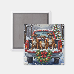 Boxer Christmas Red Truck Holiday Magnet