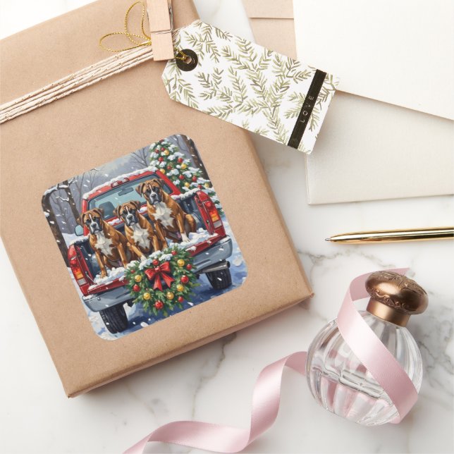 Boxer Christmas Red Truck Holiday Square Sticker (Gifting)