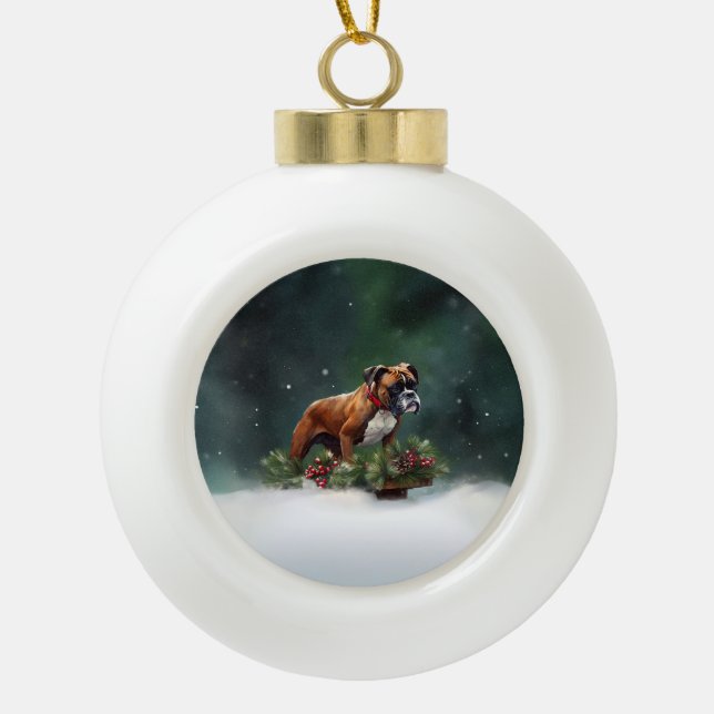 Boxer Christmas snow winter Ceramic Ball Christmas Ornament (Front)