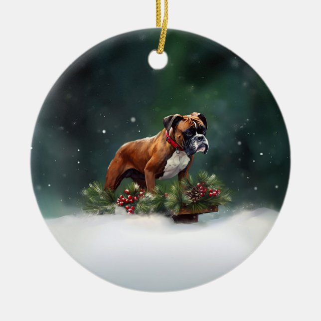 Boxer Christmas snow winter Ceramic Ornament (Front)