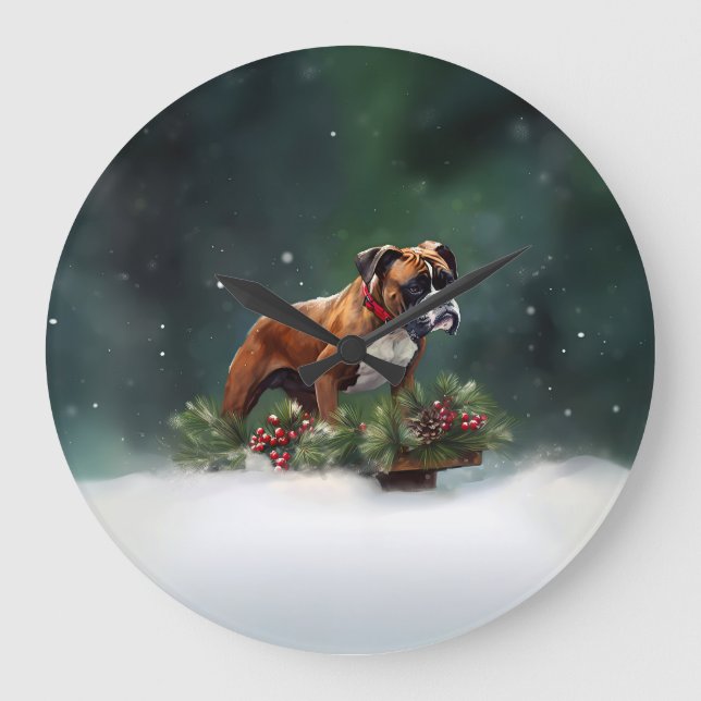 Boxer Christmas snow winter Large Clock (Front)