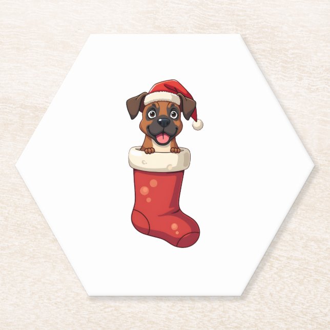 Boxer Christmas Stocking Paper Coaster (Front)