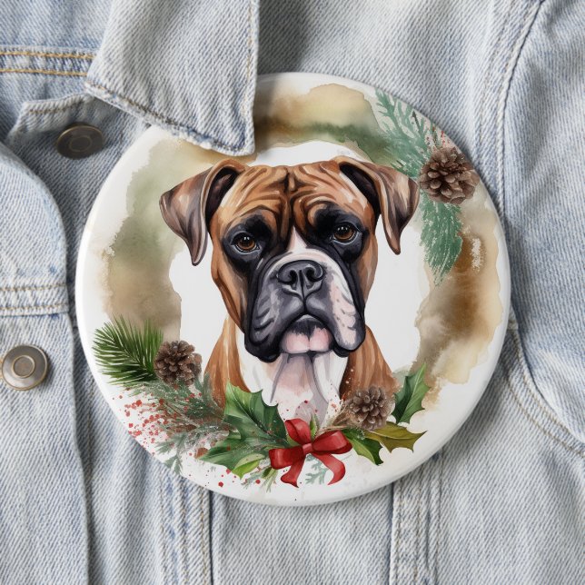 Boxer Christmas Wreath Festive Pup 6 Inch Round Button (In Situ)