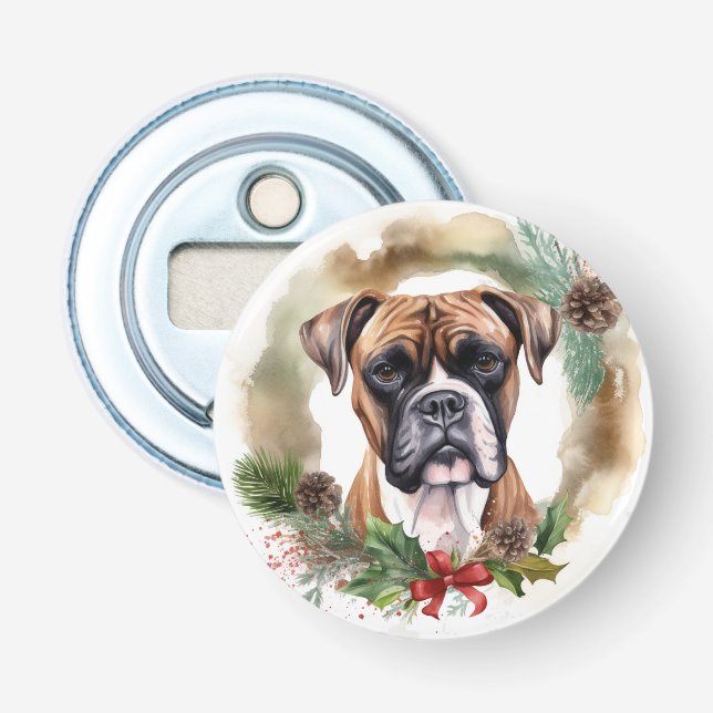 Boxer Christmas Wreath Festive Pup Bottle Opener (Front)