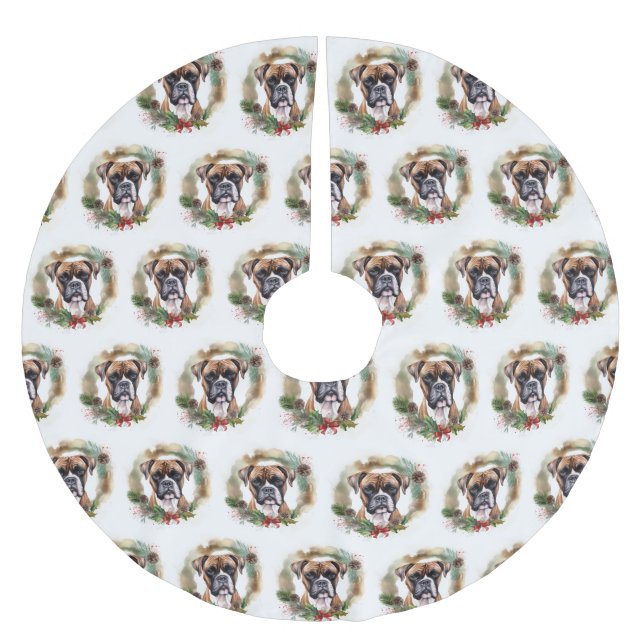 Boxer Christmas Wreath Festive Pup Brushed Polyester Tree Skirt (Front)