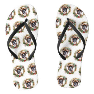 Boxer Christmas Wreath Festive Pup Flip Flops