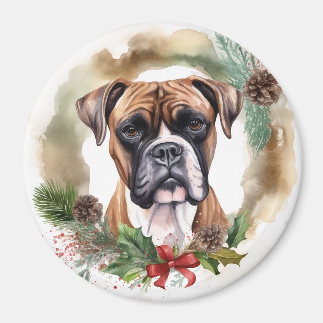 Boxer Christmas Wreath Festive Pup Magnet (Front)