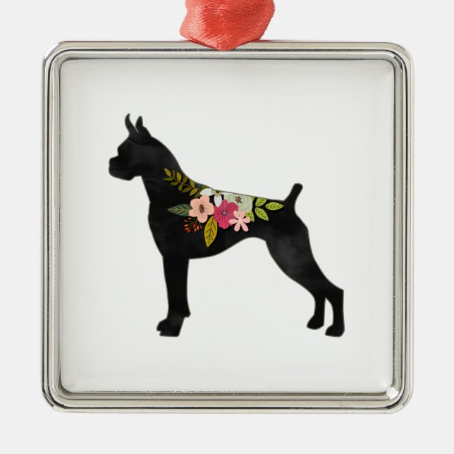 Boxer Cropped Ears Boho Floral Silhouette Metal Ornament (Front)