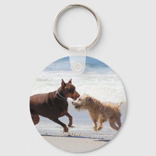Boxer Doberman - Play Date at the Beach Keychain