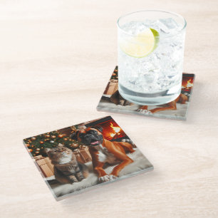 Boxer Dog and Cat Christmas Glass Coaster