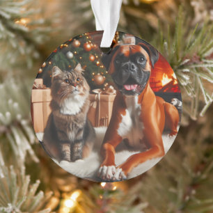 Boxer Dog and Cat Christmas Ornament