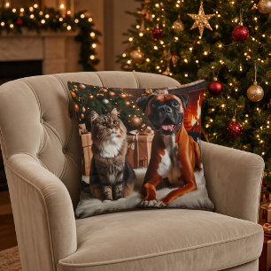 Boxer Dog and Cat Christmas Throw Pillow