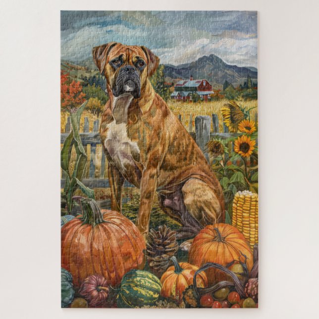 Boxer Dog Autumn Harvest Thanksgiving Jigsaw Puzzle (Vertical)