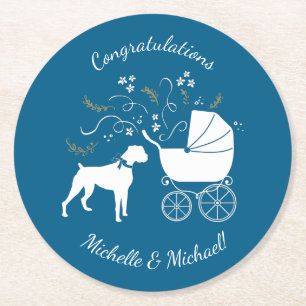 Boxer Dog Baby Shower Puppy Blue Boy Round Paper Coaster